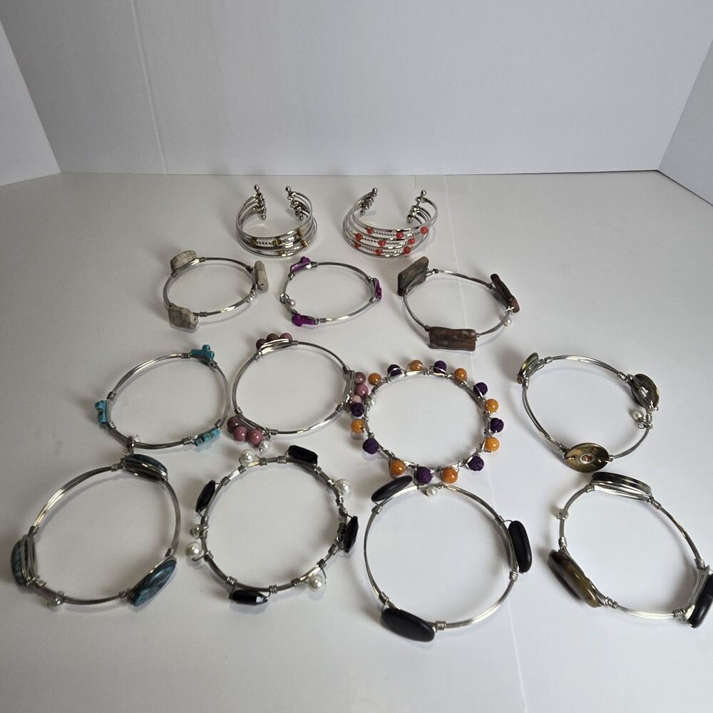 Lot of 13 Bourbon and Boweties Wire Wrapped Stone Bangle Bracelets Silver Tone